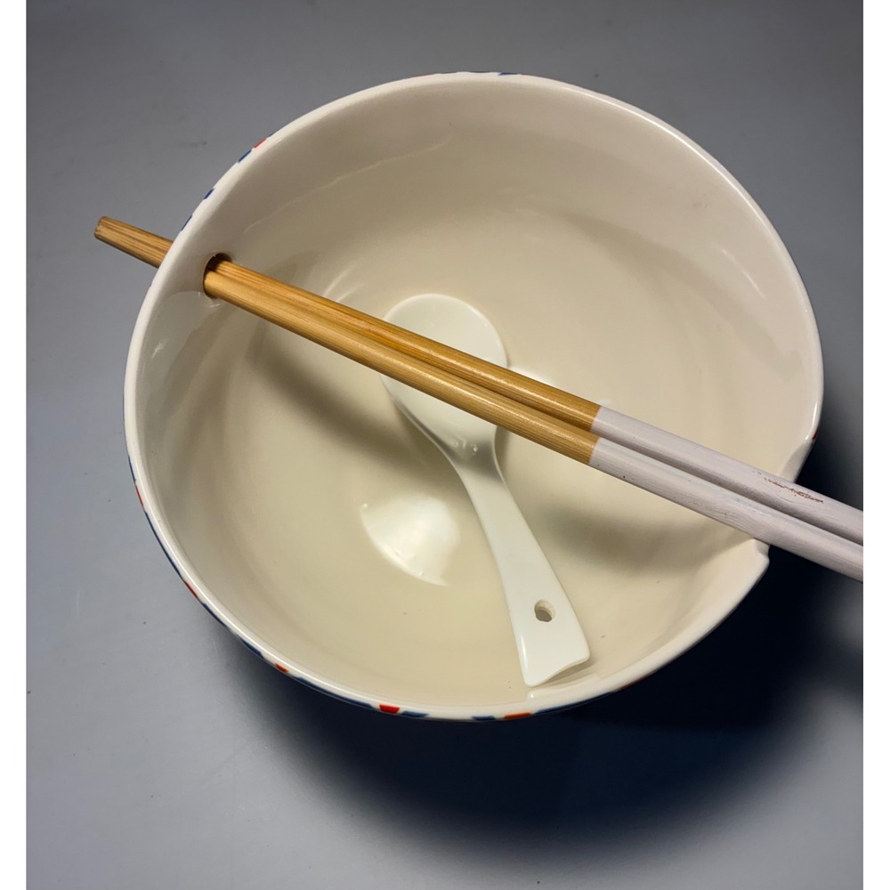 Ceramic Ramen Noodle Bowl Set Chopsticks Soup Spoon Blue Orange Japanese Style